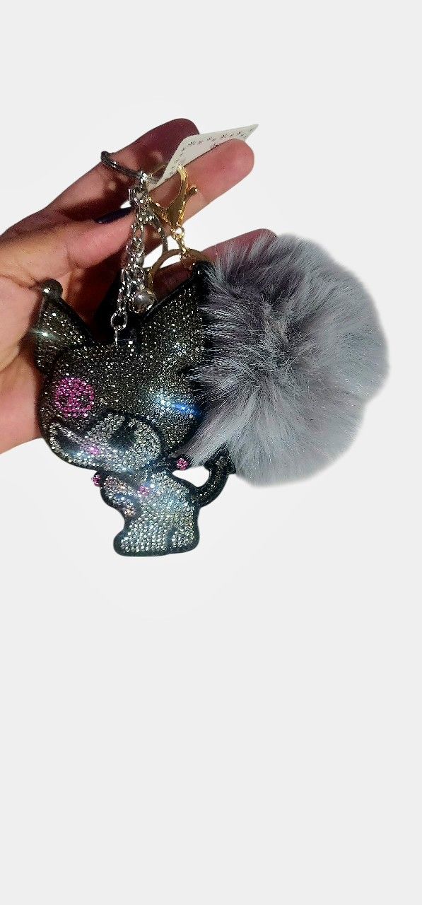 Kuromi  Rhinestone Bag Charm With Pompom