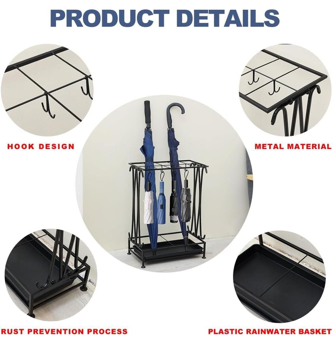 Umbrella Holder with Removable Drip Tray and 8 Hooks,Antique Metal Umbrella Stand Free Standing,Industrial Umbrella Rack for Home Office Entry Hallway