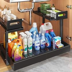Expandable Under Sink 2-Tier Drawer and Storage With Upgrade Ball-Bearing Slide Tracks, Black