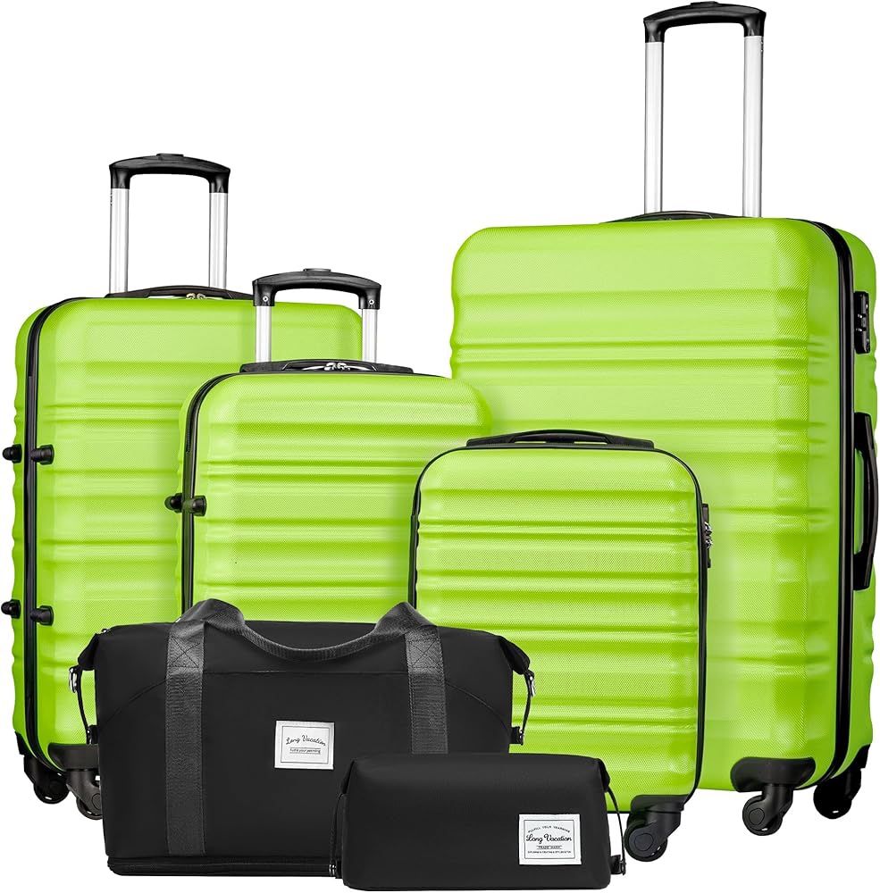 NEW - LONG VACATION 6 Piece Luggage Set Carry on Suitcase with ABS+PC hardshell, Spinner Wheels & YKK Zipper TSA Lock (APPLE GREEN, 6 piece set)