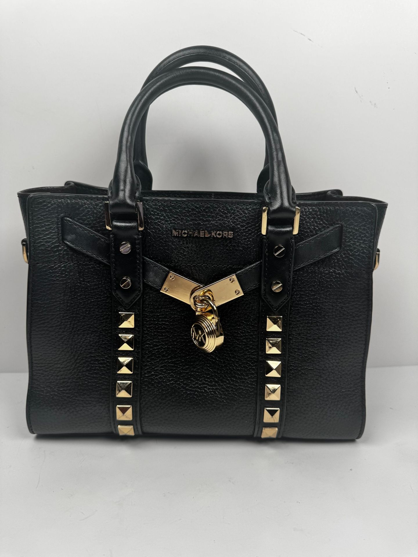 Michael Kors Nouveau Hamilton Small Studded Black Leather Satchel Handbag