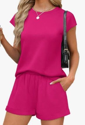 Women’s / Girls Summer Casual Shirt and Shorts Set- Pink S, M, L, XL