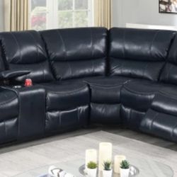 Brand New Navy Blue Leather Power Reclining Sectional Sofa