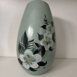 Vintage Mcm Teal Ceramic Vase With Hand Painted Flowers And Marked 