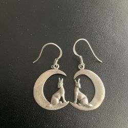 Sterling Silver Crescent Moon With Howling Wolves Wire Pierced Earrings 