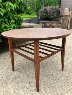 MCM Lane Round Formica Side Table Slat Shelf