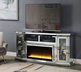 Noralie - Chimenea Eléctrica y Mueble para TV de 32” con LED – Espejado y con Diamantes Falsos