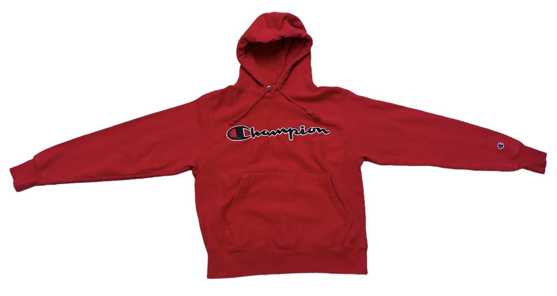 Vintage Champion Men’s Red Classic Logo Reverse Weave Fleece Hoodie Size Small