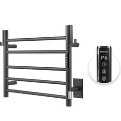 Heated Towel Rack for Bathroom,Wall Mounted Electric Towel Rack with Timer and LED Indicator, 5-Bar Towel Warmer, Stainless Steel Matte Black, Hard-Wi