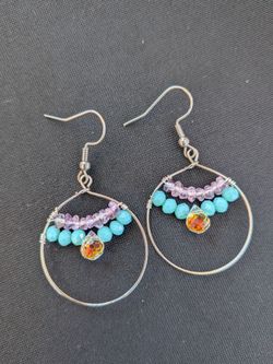 Genuine amethyst and glass wire wrapped earrings