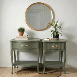 French Provincial Vintage Green Nightstand Set 