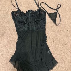 New Medium black sheer mesh ruched Bustie Teddy Lingere nightgown dress goth set