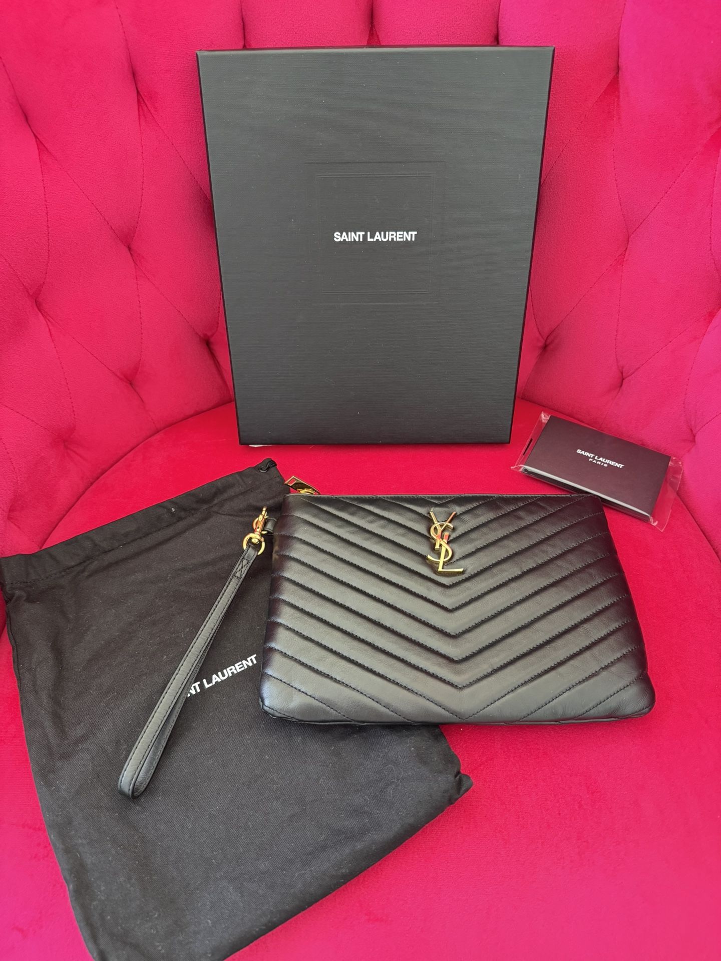 Authentic YSL Saint Laurent Black Pouch Wristlet Bag Zipper 