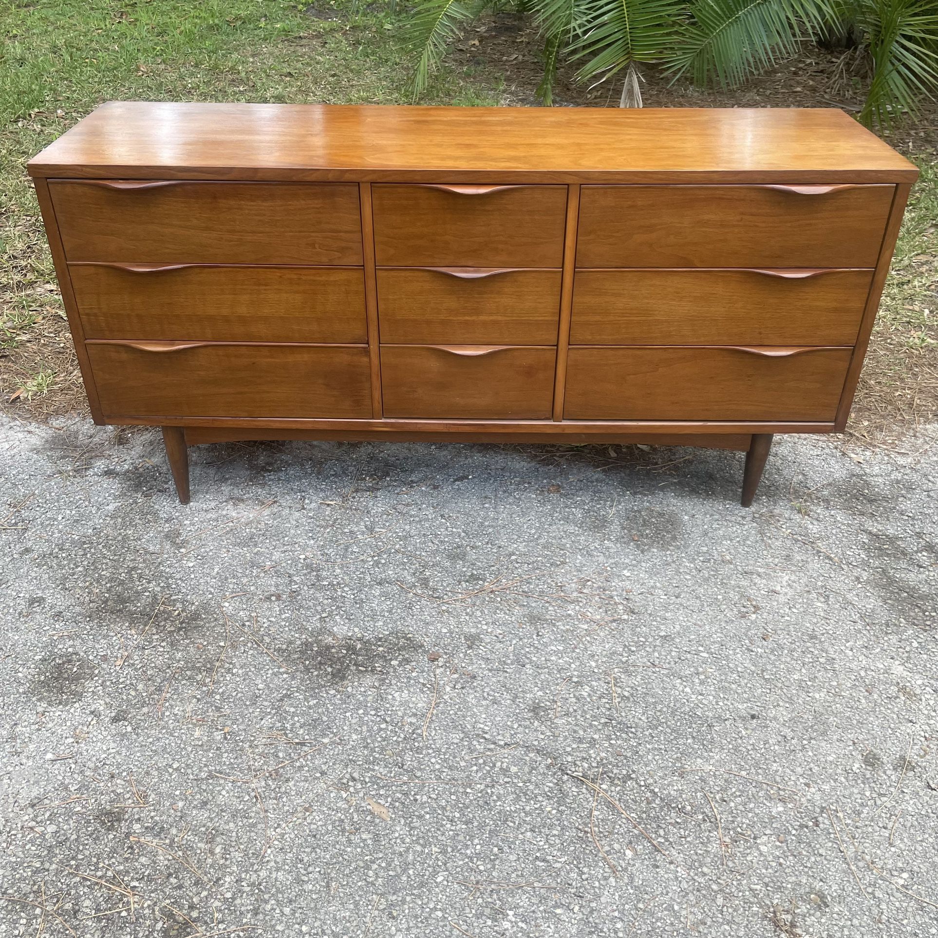 Restored Mid Century Modern 9 Drawer Credenza With Natural Wood Top And Sculpted Wood Handles
