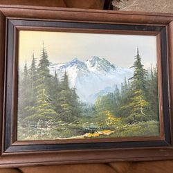 Original Vintage Forest, River & Snow Covered Mountains R. Thomas Oil Painting 16x20”
