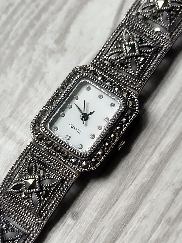 Vintage Sterling Silver 925 & Marcasite Quartz Women's Watch NEW BATTERY
