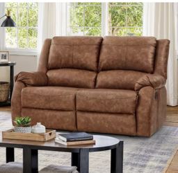 Rolled Arm Leather Upholstered 2 Seater Push Back Loveseat