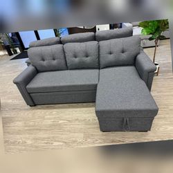 Dark gray linen fabric reversible sectuional pullout sleeper bed