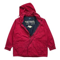 VINTAGE NAUTICA CANVAS JACKET HOODIE LARGE L MENS RED CHORE BARN PARKA FULL ZIP