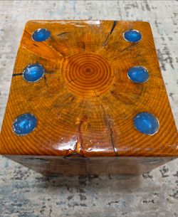 Handmade Oversized Wooden Dice – Solid Wood & Blue Resin Pips – Rustic Decor