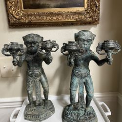 Pair of Late 19th Century Metal Figural Monkey Candle Holders 17”T