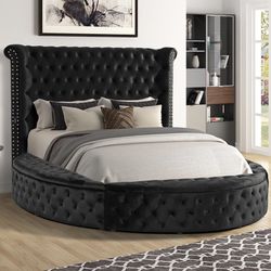 Black Velvet Round Bed Tufted Headboard Storage Only Available In Size Queen $1,040 Firm Price USB Ports On Each Side Of Headboard 