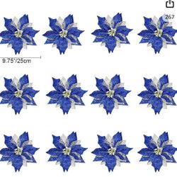 12- Glitter Christmas Poinsettia Flowers Artificial Xmas Tree Ornaments Decorations with Stems Pack of 12(Silver &Blue)12