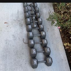 8 Pairs Of Steel Cast Iron Hex Dumbbells - 5’s, 10’s, 12’s, 15’s, 20’s, 25’s, 30’s And 35’s