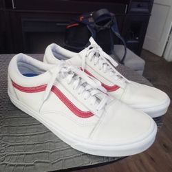 size 12 white leather Vans with red stripe size 11