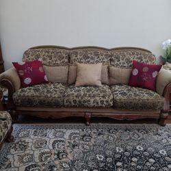 Rustic Couches + Ottoman w/ Pillows