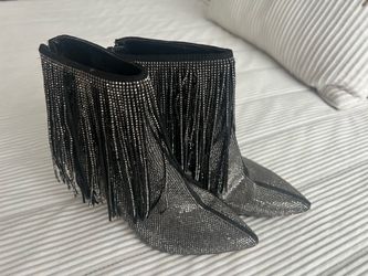 Size 6.5NEW INC Womens Black Rhinestone Fringed Ismeria Pointed Toe Heel Booties