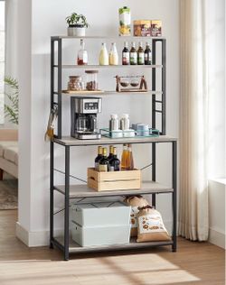 Coffee Bar, 31.5 Inches 6-Tier Baker's Rack with 6 Hooks Modern Basic Microwave Stand, 31.5 x 15.7 x 65.7 Inches, Heather Greige and Matte Black, BARN