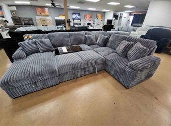 Large Gray Corduroy Sectional Sofa with Chaise