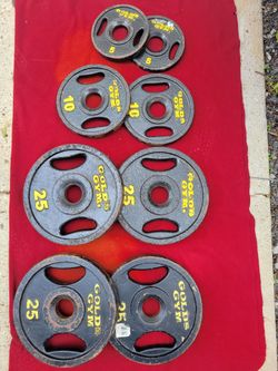 GOLD'S. GYM 2" HOLE  OLYMPIC PLATES 130LBs. TOTAL 
4-25s. 2-10s. 2-5s.  
11525 S HALSTED DUNKIN DONUTS/7111.S WESTERN WALGREENS 
130$  CASH ONLY AS IS