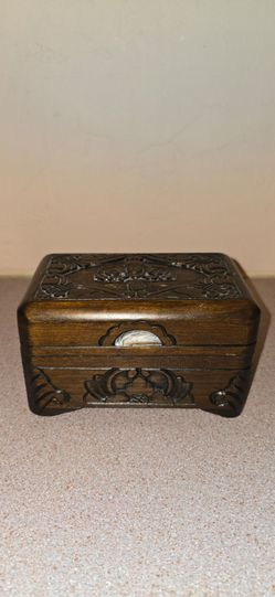 ESTATE SALE Vintage Hand-Carved Wooden Jewelry Box - Red Velvet Lined
