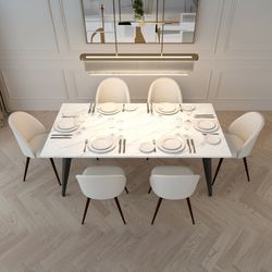 Stan 7PC Dining Set 63” Table in White Marble Top Finish with 6 Haven Upholstered Chairs Beige Fabric