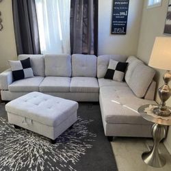 Grey Linen Sectional Couch And Storage Ottoman 