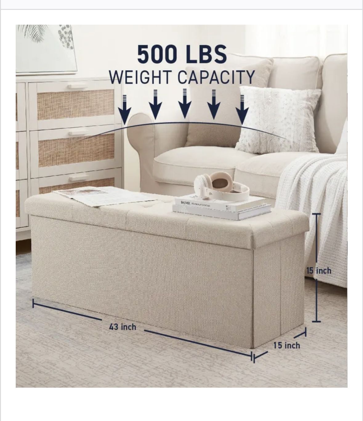 Foldable Tufted Linen Storage Ottoman Bench - Black
