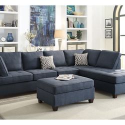 Blue Sectional Sofa - Ottoman Sold Separate 