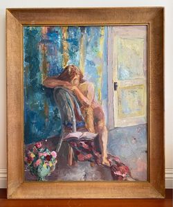 Mid Century Nude Woman Interior Oil Painting, Figurative Expressionist Art