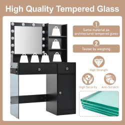 Vanity Desk with Mirror and 3 Lighting Modes, Makeup Vanity with Glass Top and Storage Shelves, Dressing Table with 2 Drawers and Cabinet, Black