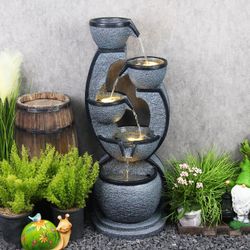 Water Fountain Outdoor 37.4''H Modern Garden Fountains Decor with LED Lighting Resin Indoor Waterfall for Garden, Floor Patio, Deck, Porch, Backyard a