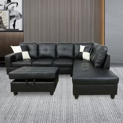 Black Vinyl Sectional With Ottoman
