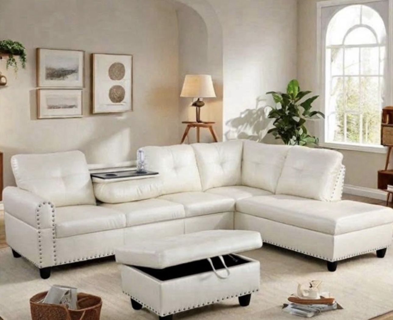 White Leather Sectional Couch With Drop Down Table And Ottoman
