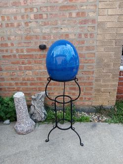 41" Oval Terracotta Ball with Metal Holder Stand Yard Decor
