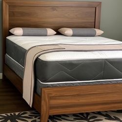  New Queen Size Classic Wood Bed Frame With Mattress And BoxSpring 