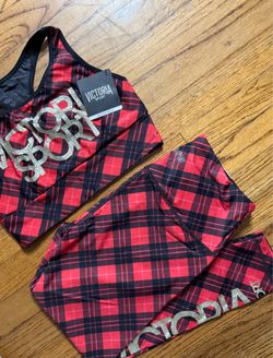Victoria's Secret Sport red plaid tartan leggings and top set size M