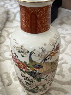 Satsuma Vintage  Japan Peacock Floral 12" Tall Vase Porcelain Gold Trim