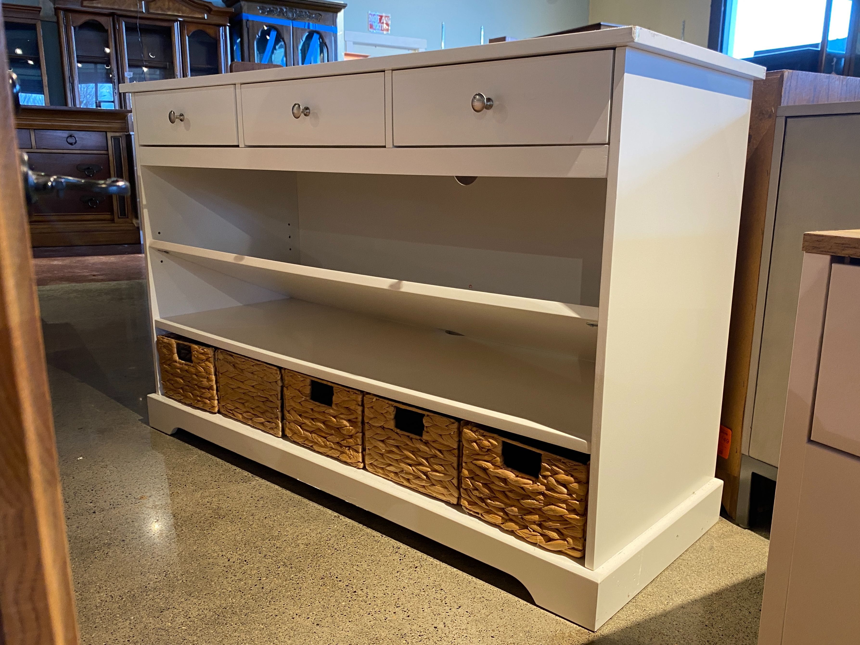 White 3-Drawer Console Table w/ Shelves & Baskets