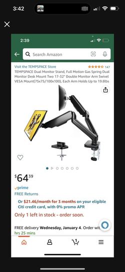 TEMPSPACE Dual Monitor Stand, Full Motion Gas Spring Dual Monitor Desk Mount